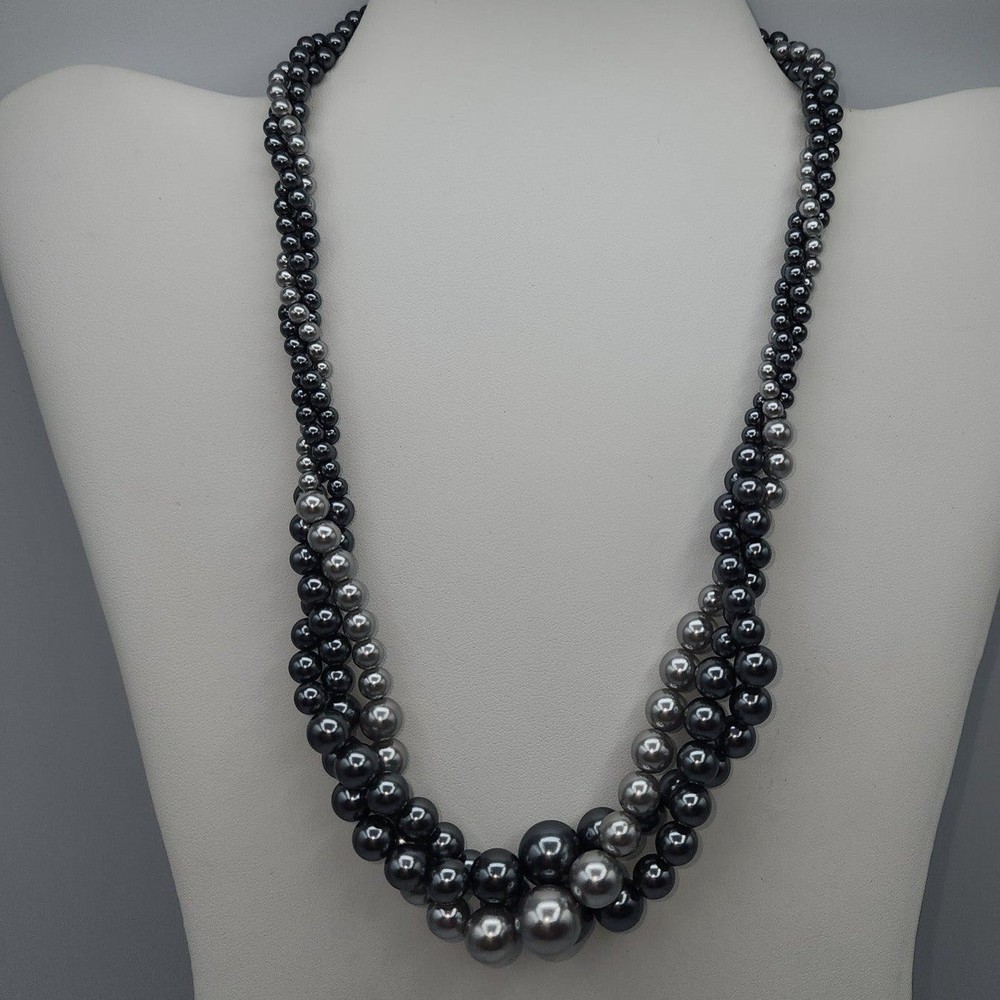 RMN Necklace  Silver Pewter Faux Pearls Three Strand Twist Graduated 18-21"